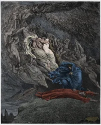 Inferno, Canto 5: Francesca Da Rimini descreve sua morte, ilustração da Divina Comédia de Dante Alighieri, 1885 (gravura digital colorida)